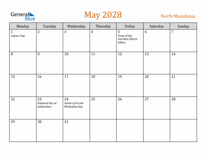 May 2028 Holiday Calendar with Monday Start