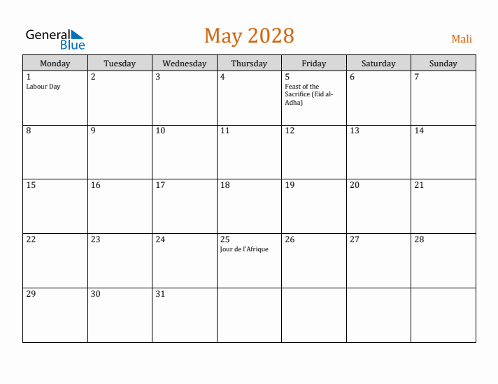 May 2028 Holiday Calendar with Monday Start
