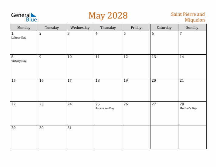 May 2028 Holiday Calendar with Monday Start