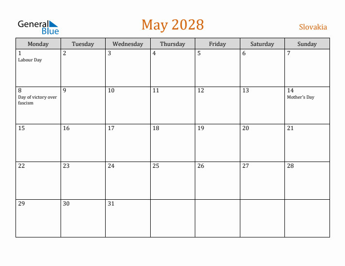 May 2028 Holiday Calendar with Monday Start