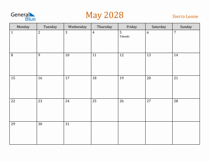 May 2028 Holiday Calendar with Monday Start