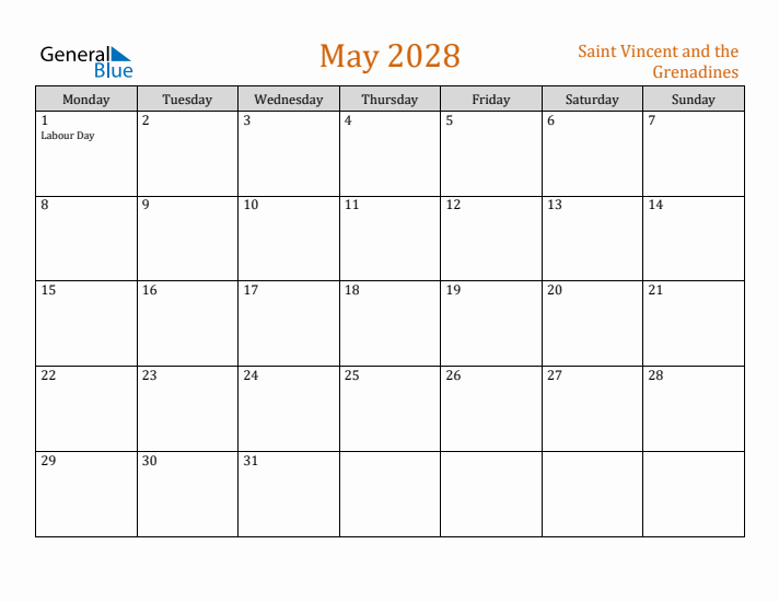 May 2028 Holiday Calendar with Monday Start