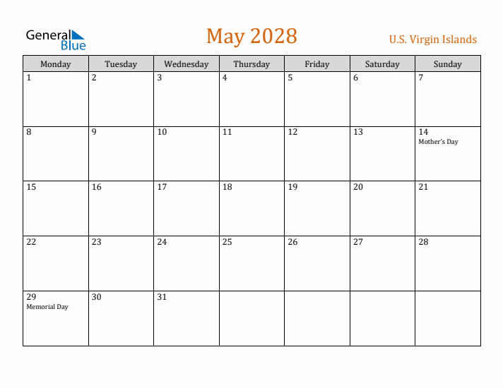 May 2028 Holiday Calendar with Monday Start