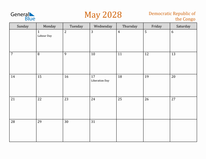 May 2028 Holiday Calendar with Sunday Start