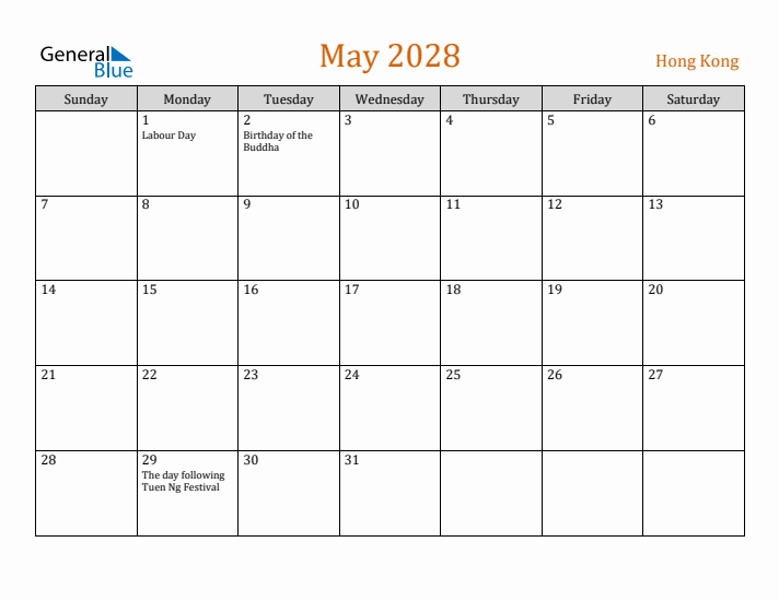 May 2028 Holiday Calendar with Sunday Start