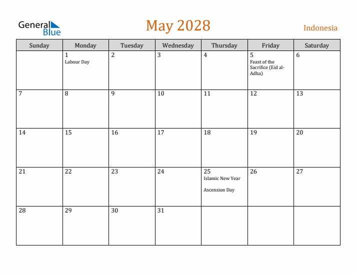 May 2028 Holiday Calendar with Sunday Start