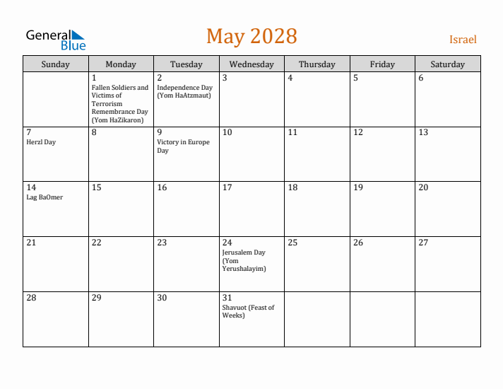 May 2028 Holiday Calendar with Sunday Start
