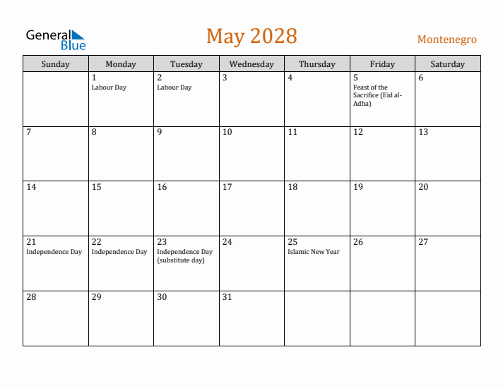May 2028 Holiday Calendar with Sunday Start