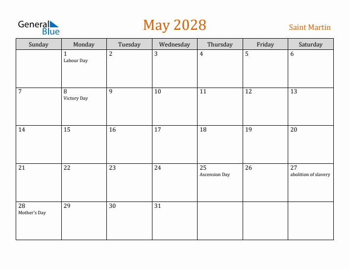 May 2028 Holiday Calendar with Sunday Start