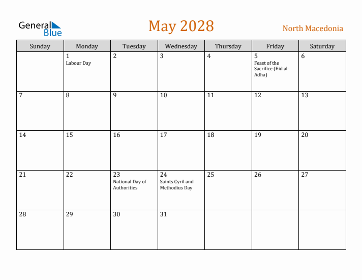 May 2028 Holiday Calendar with Sunday Start