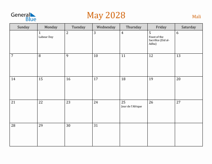 May 2028 Holiday Calendar with Sunday Start