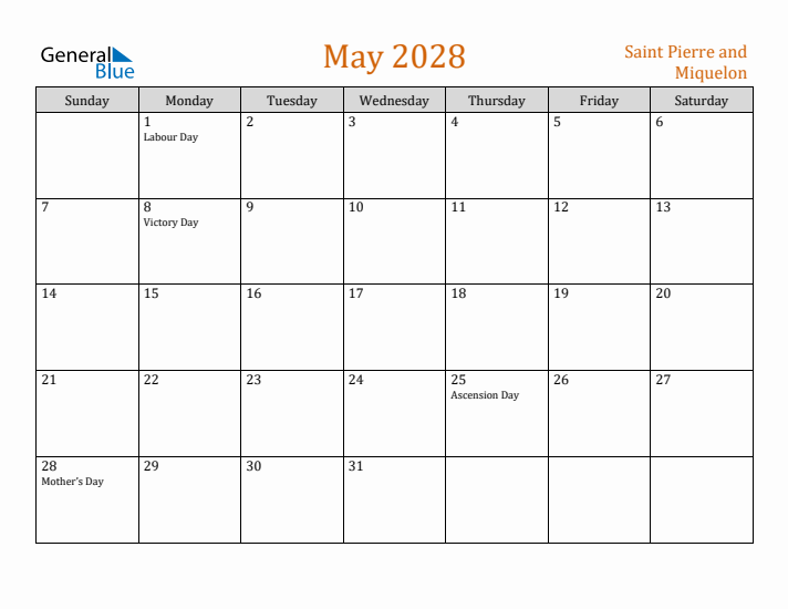 May 2028 Holiday Calendar with Sunday Start