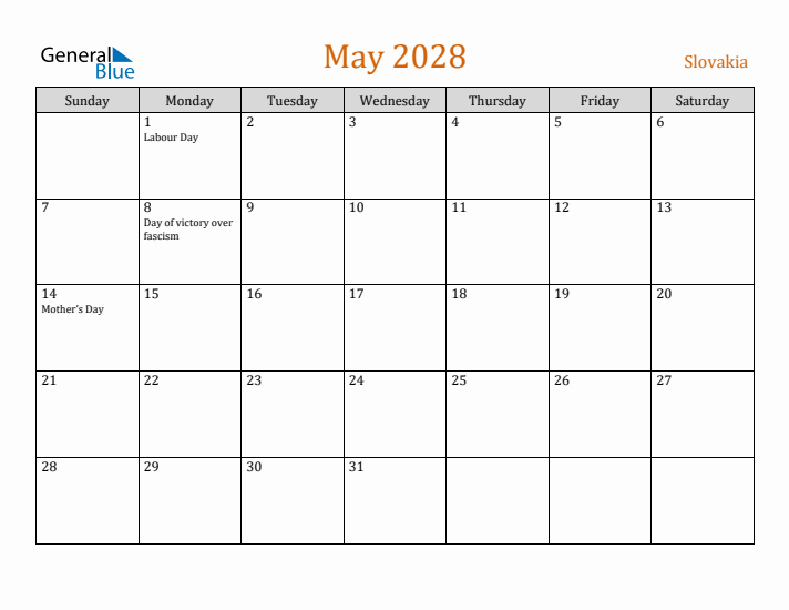 May 2028 Holiday Calendar with Sunday Start