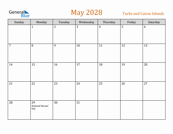 May 2028 Holiday Calendar with Sunday Start