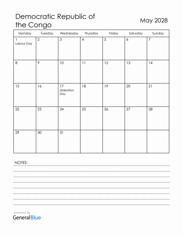 May 2028 Democratic Republic of the Congo Calendar with Holidays (Monday Start)