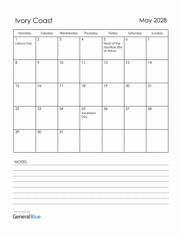 May 2028 Ivory Coast Calendar with Holidays (Monday Start)