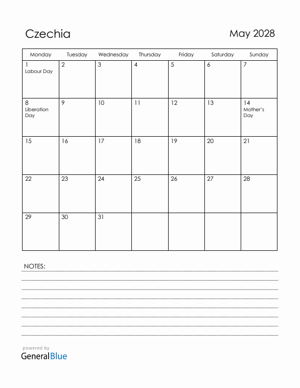 May 2028 Czechia Calendar with Holidays (Monday Start)