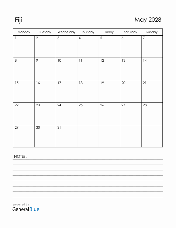 May 2028 Fiji Calendar with Holidays (Monday Start)