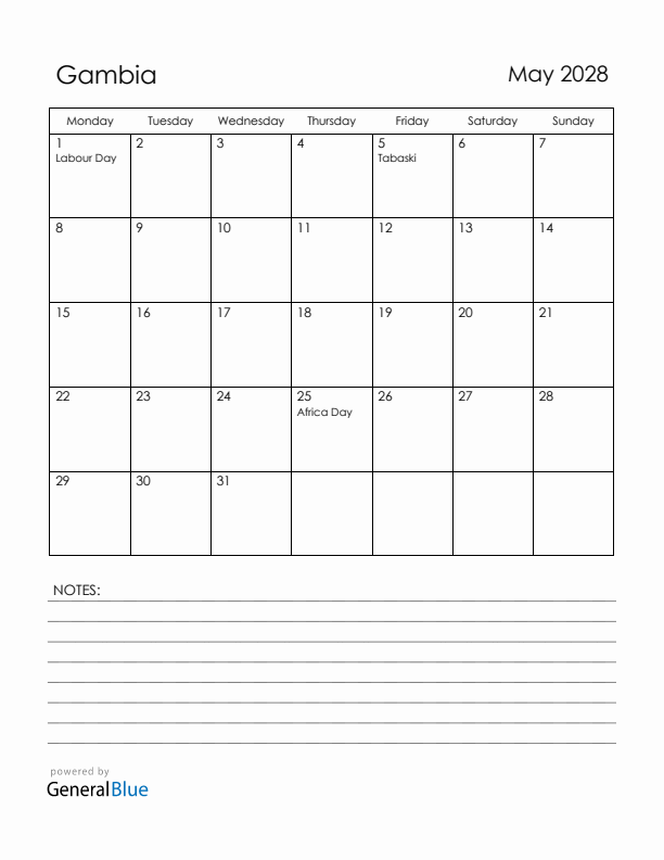 May 2028 Gambia Calendar with Holidays (Monday Start)