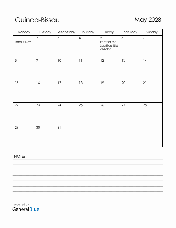 May 2028 Guinea-Bissau Calendar with Holidays (Monday Start)