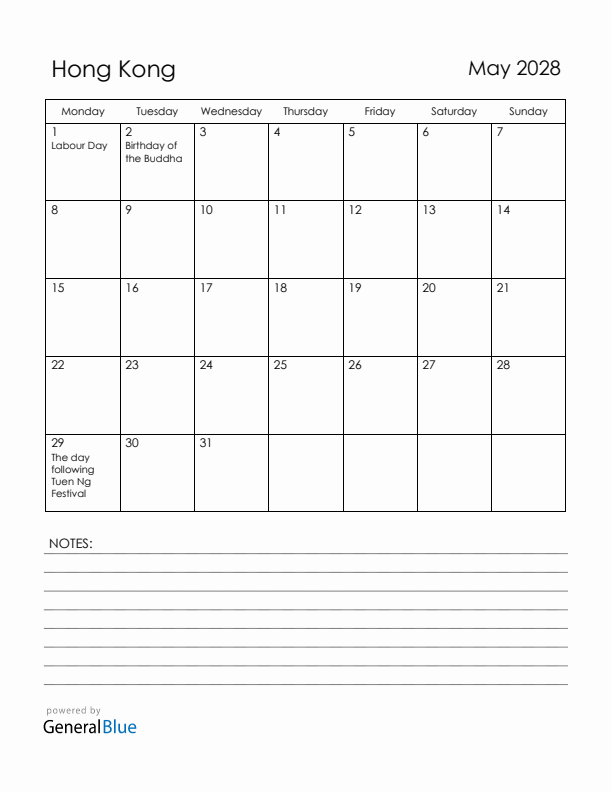 May 2028 Hong Kong Calendar with Holidays (Monday Start)