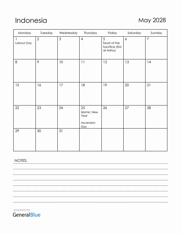 May 2028 Indonesia Calendar with Holidays (Monday Start)