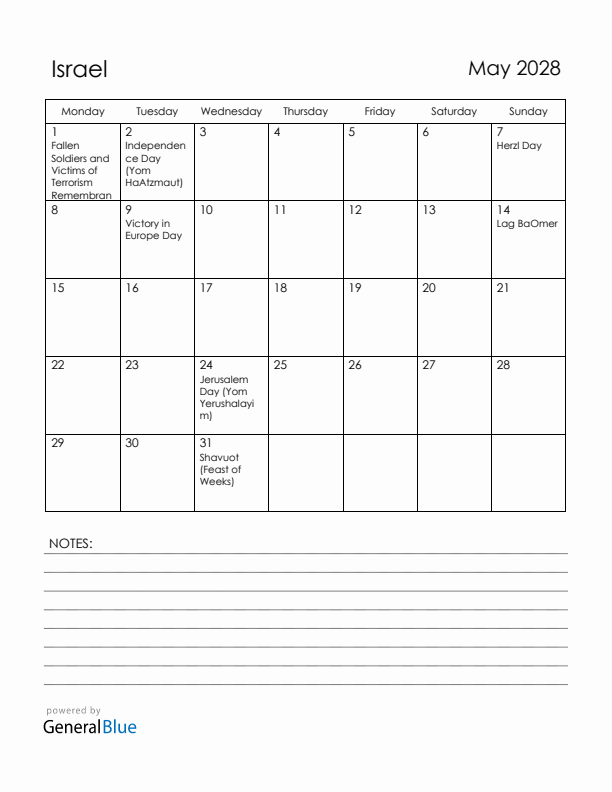 May 2028 Israel Calendar with Holidays (Monday Start)