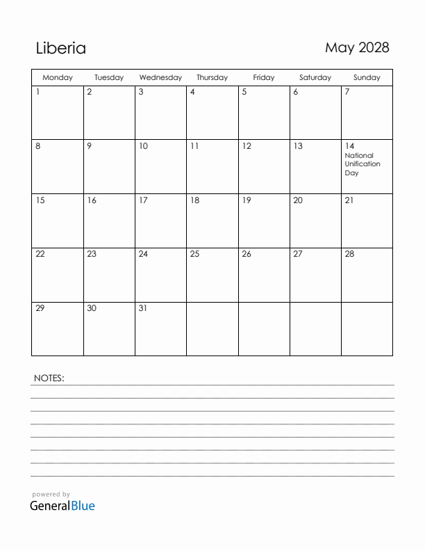 May 2028 Liberia Calendar with Holidays (Monday Start)