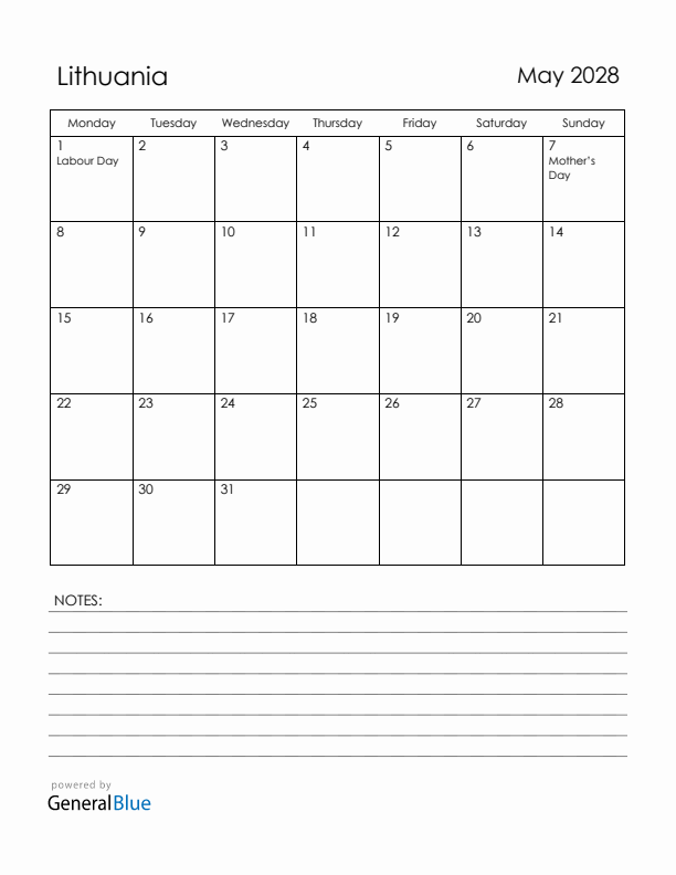 May 2028 Lithuania Calendar with Holidays (Monday Start)