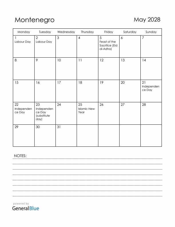 May 2028 Montenegro Calendar with Holidays (Monday Start)