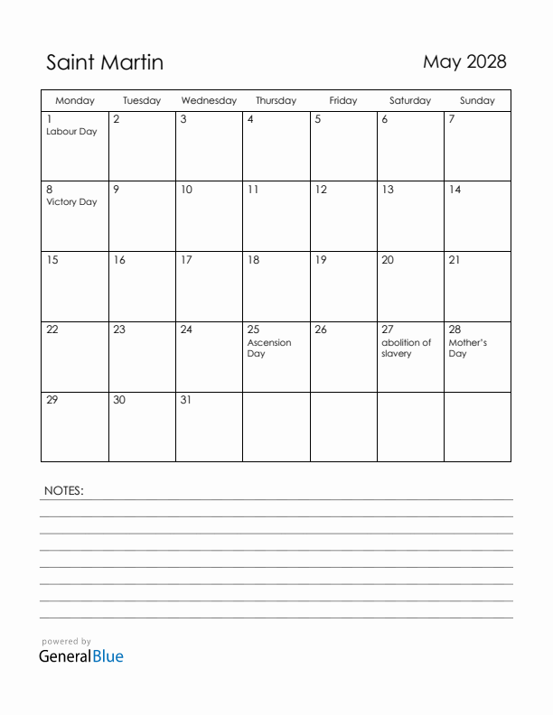 May 2028 Saint Martin Calendar with Holidays (Monday Start)