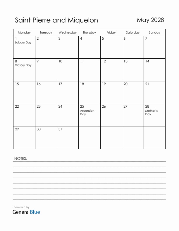 May 2028 Saint Pierre and Miquelon Calendar with Holidays (Monday Start)