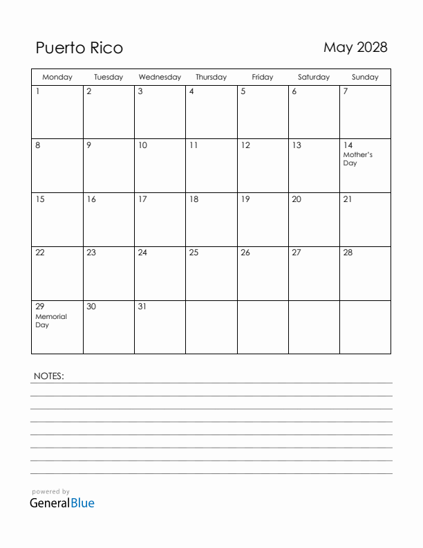 May 2028 Puerto Rico Calendar with Holidays (Monday Start)