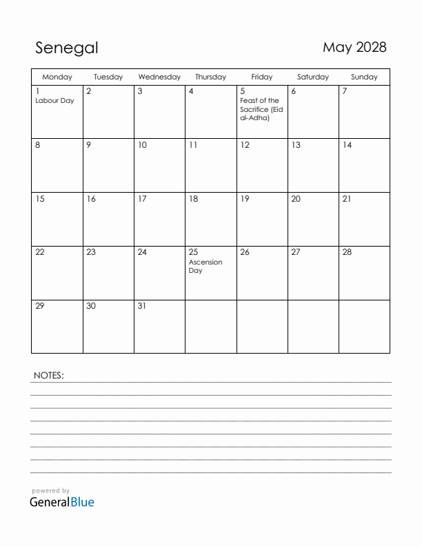 May 2028 Senegal Calendar with Holidays (Monday Start)