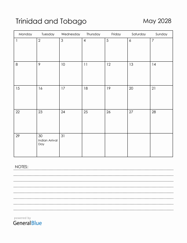 May 2028 Trinidad and Tobago Calendar with Holidays (Monday Start)