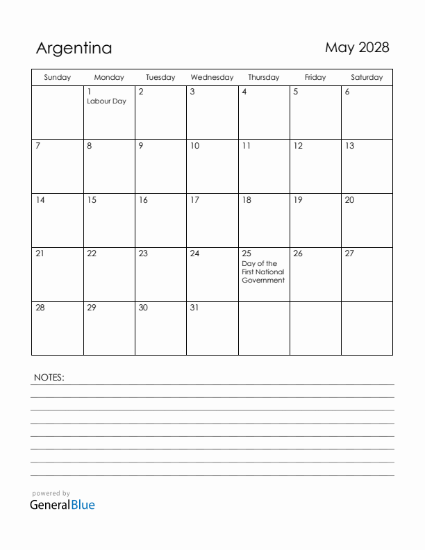 May 2028 Argentina Calendar with Holidays (Sunday Start)