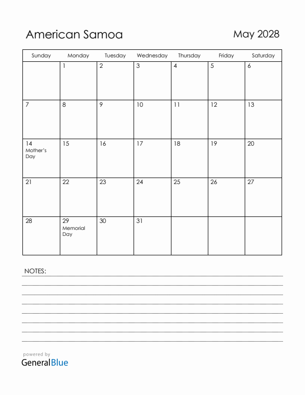 May 2028 American Samoa Calendar with Holidays (Sunday Start)