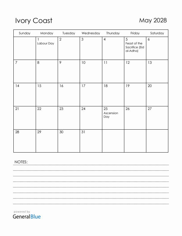 May 2028 Ivory Coast Calendar with Holidays (Sunday Start)