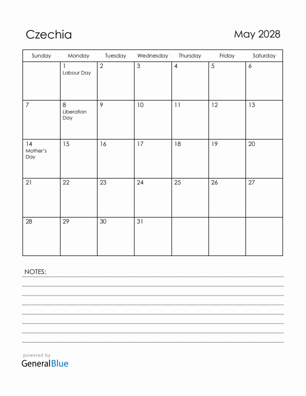 May 2028 Czechia Calendar with Holidays (Sunday Start)