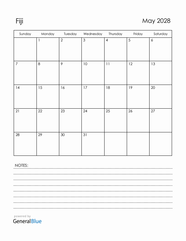 May 2028 Fiji Calendar with Holidays (Sunday Start)