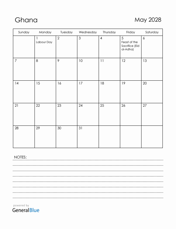 May 2028 Ghana Calendar with Holidays (Sunday Start)