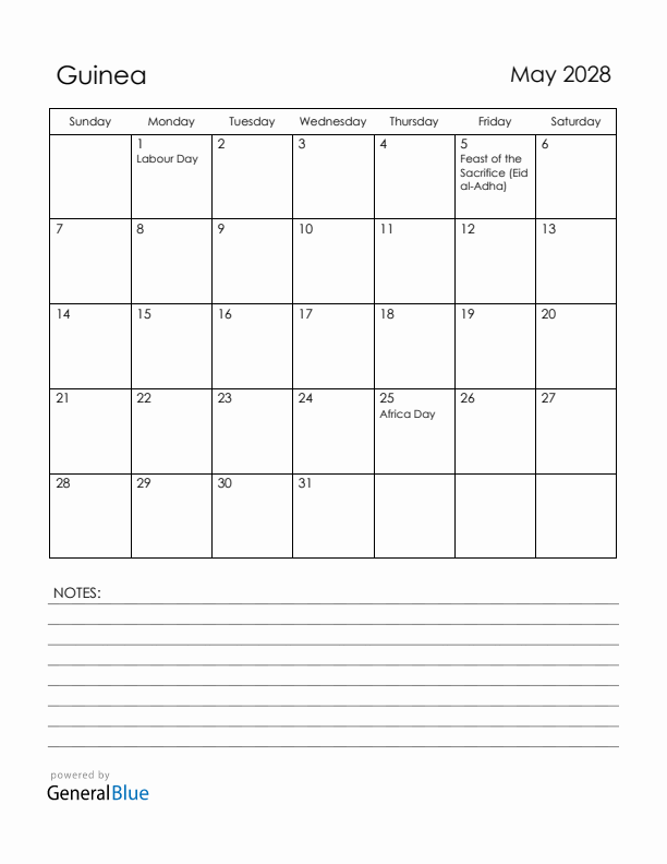 May 2028 Guinea Calendar with Holidays (Sunday Start)