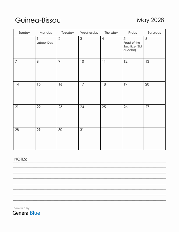 May 2028 Guinea-Bissau Calendar with Holidays (Sunday Start)