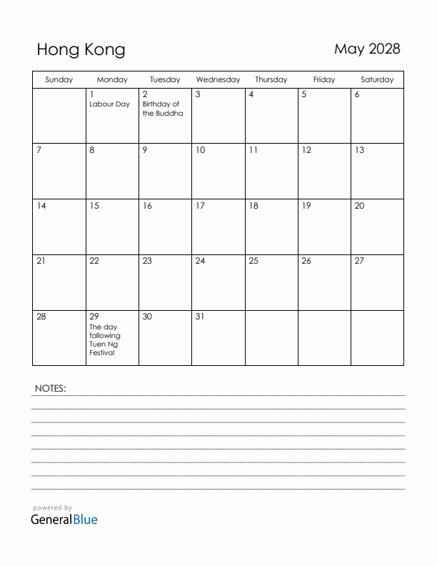 May 2028 Hong Kong Calendar with Holidays (Sunday Start)