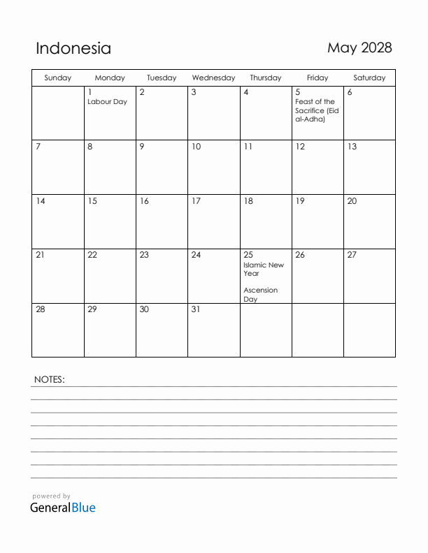 May 2028 Indonesia Calendar with Holidays (Sunday Start)