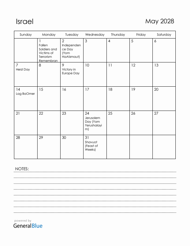 May 2028 Israel Calendar with Holidays (Sunday Start)
