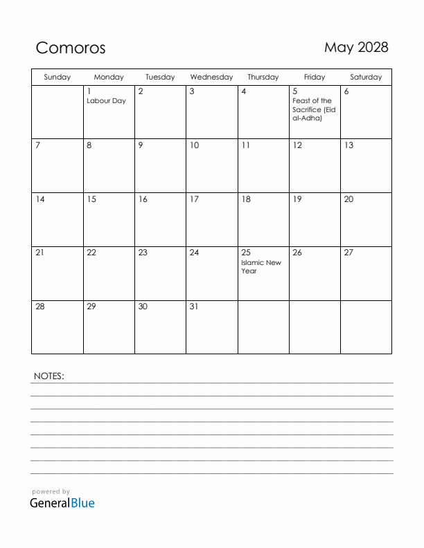 May 2028 Comoros Calendar with Holidays (Sunday Start)