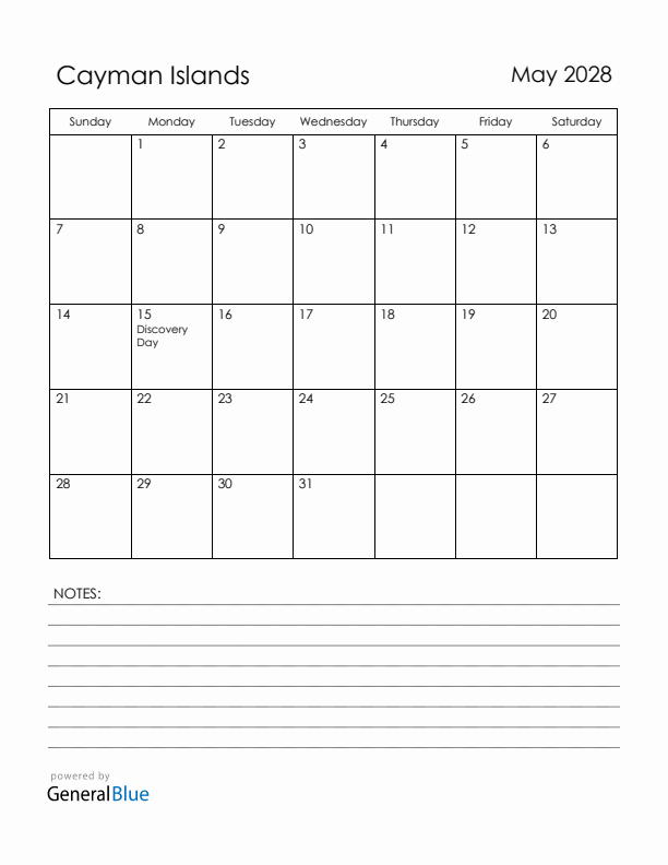 May 2028 Cayman Islands Calendar with Holidays (Sunday Start)