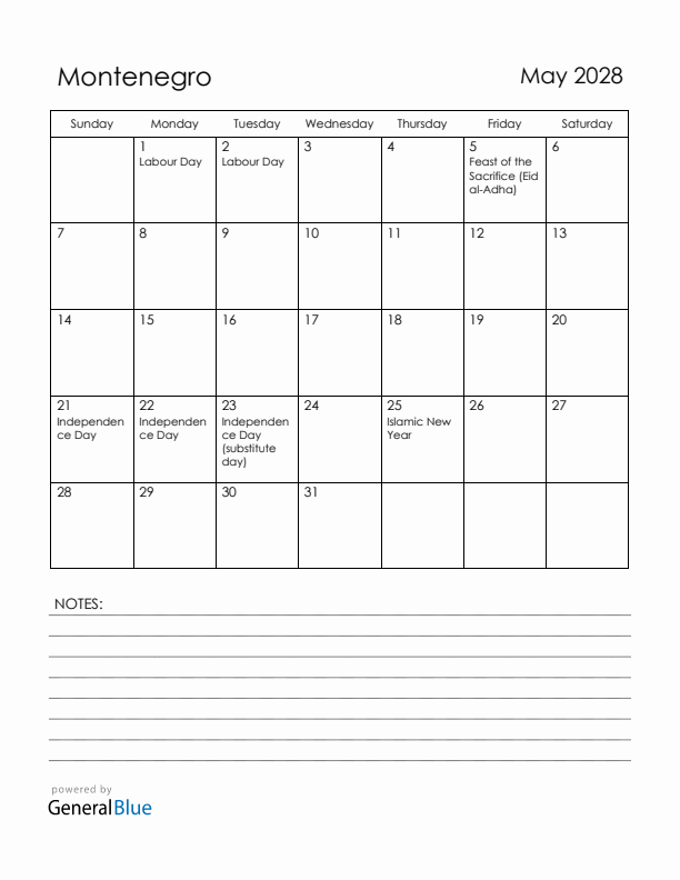 May 2028 Montenegro Calendar with Holidays (Sunday Start)