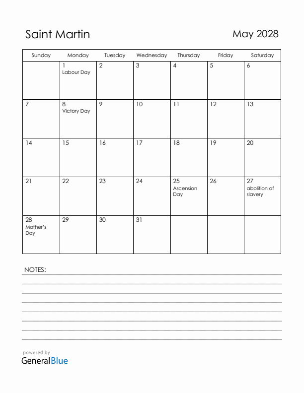 May 2028 Saint Martin Calendar with Holidays (Sunday Start)